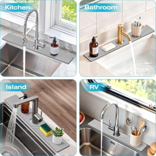 SpaceHacks Stone Faucet Mat for Kitchen Sink 23.7x4 in, Light Gray