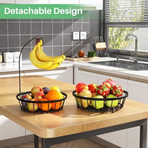 SAYZH 2-Tier Large Fruit Basket Bowl for Kitchen Counter with Banana Hanger