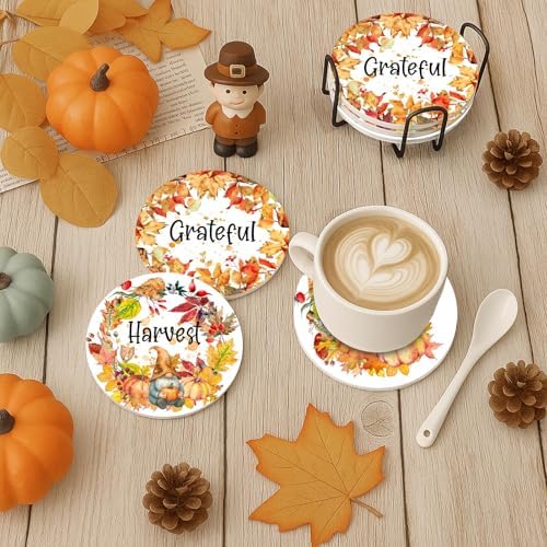 Fall Coasters for Drinks, Set of 6, Ceramic Stone Pumpkin Harvest