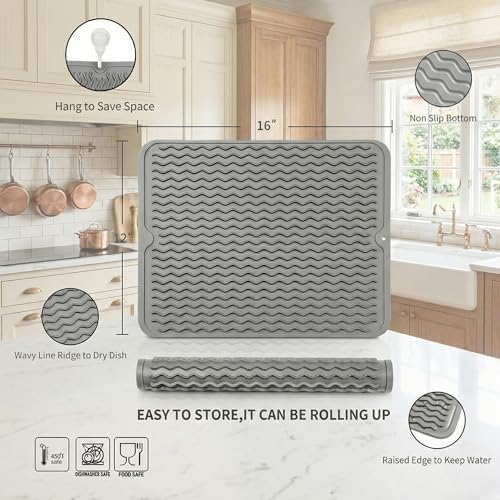 MicoYang Silicone Dish Drying Mat, Grey, 16"×12"