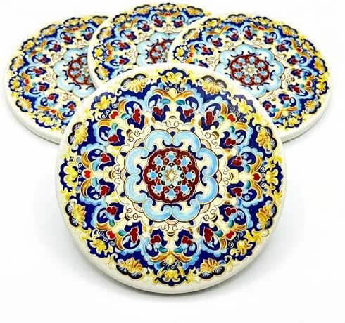 Mandala 4 Inches Round Absorbent Ceramic Coasters Set of 4, Boho