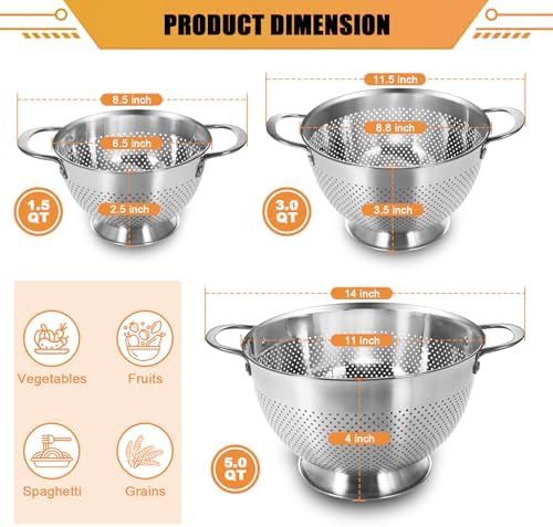 Stainless Steel Colander Set of 3 (1.5-3-5Quart) | Durable Rice and