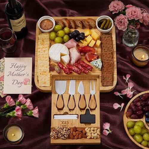 YZS Bamboo Charcuterie Board Set with 4 Cheese Knives, 13 Inch