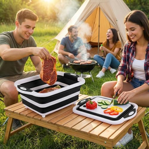 Collapsible BBQ Prep Tub with Lid, Foldable Camping Sink with