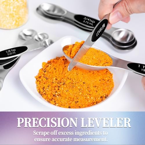 Magnetic Measuring Spoons Set of 8 with Leveler, Stainless Steel Metal