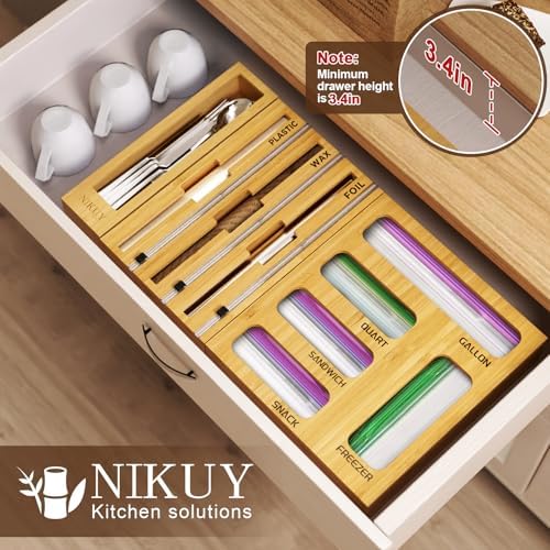 9 IN 1 Bamboo Foil and Plastic Wrap Organizer for Kitchen Drawer, Plastic Bag Organizer Organization and Storage, Food Storage Bag Organizer with Labels for Quart Gallon Snack Sandwich Bag