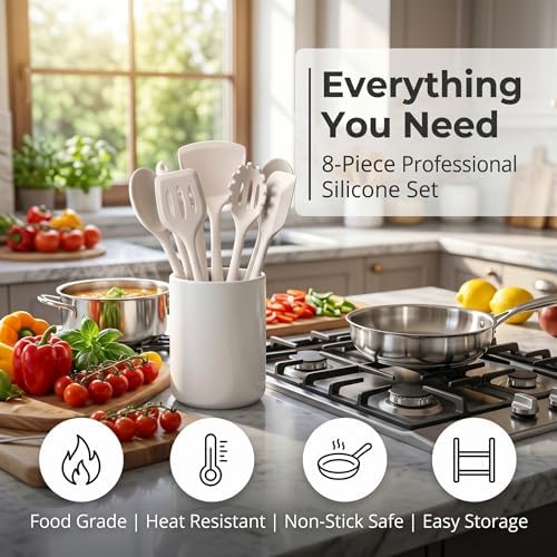 LIANYU Non-Toxic Kitchen Cooking Utensils Set, 8Pcs Khaki Silicone