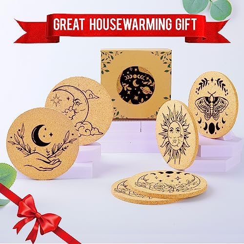 Coasters for Drinks with Holder Set of 6, Vintage Sun Moon Absorbent