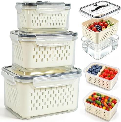 3 Pack Fruit Storage Containers for Fridge with Removable Colander