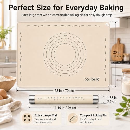Silicone Baking Mat with Rolling Pin Set, 28 x 20 Inch