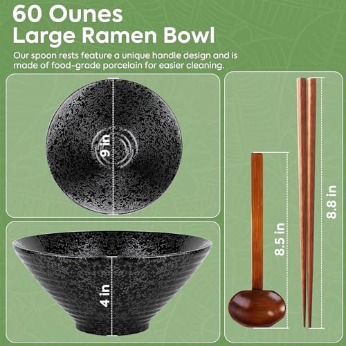 NJCHARMS 60 oz Ceramic Ramen Bowl Set of 2, Extra Large Black Japanese