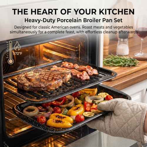 Broiler Pan for Oven16.75" ×13" Nonstick Grill Pan 5-Piece Set,Enamel Coated Drip Tray Heavy Duty Broil Pans and Rack Heat up to 572° F for Bacon Chicken Wings Steak Healthy Cooking Safe