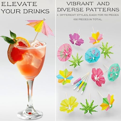 600 Pack Drink Umbrellas Cocktail Picks, Assorted Mini Paper Umbrella