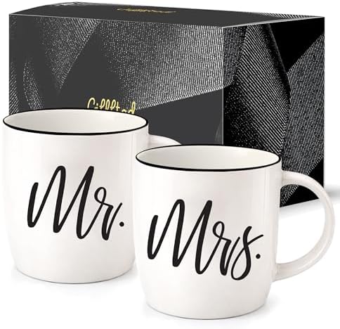 Triple Gifffted Mr and Mrs Coffee Mugs Couples Gift Set, 13oz Ceramic