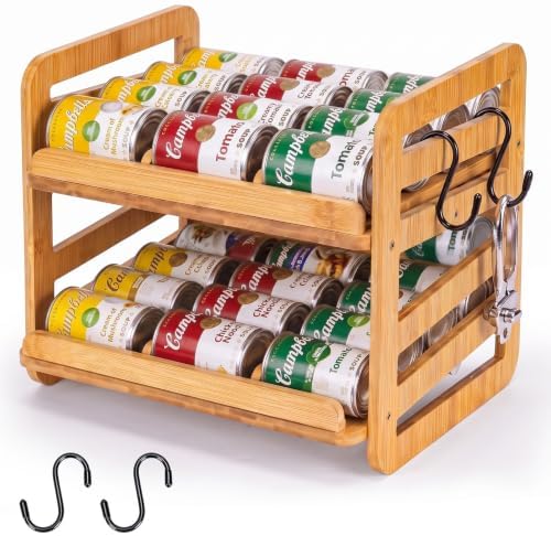 Bamboo Rolling Can Organizer for Pantry: Double-Tier Automatic Rolling