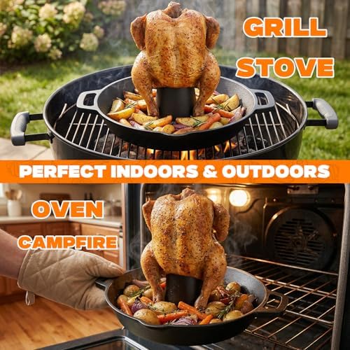 onlyfire Pre-Seasoned Cast Iron Chicken Roaster for Beer Can Turkey