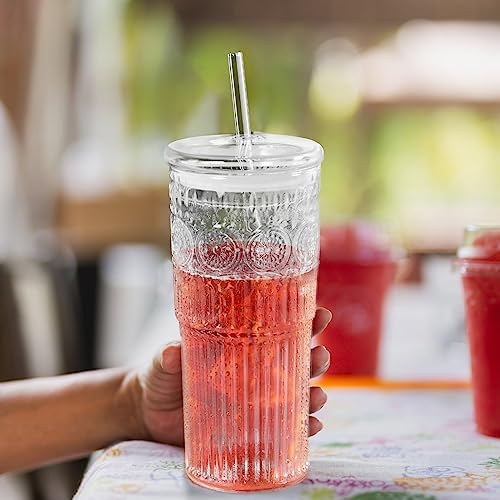 Bandesun All Glass Iced Coffee Cup With Lids and Straws,24 OZ High