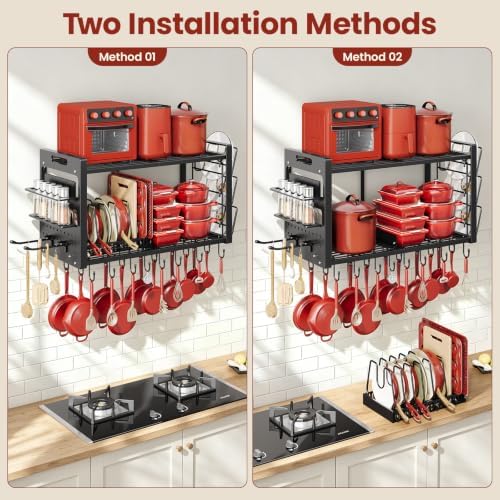 Pot Rack Wall Mount,4 in 1 Hanging Heavy Duty Metal Pan Shelf Organizer with 20 Hooks 3 Pot Lid Holder with 8 Adjustable Dividers Loads 100lbs for Kitchen Cookware and Utensil storage