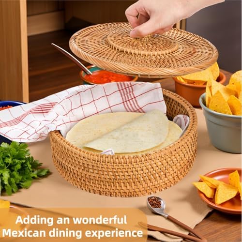 Covzoe Large Rattan Tortilla Warmer with Lid and Cotton Cloth