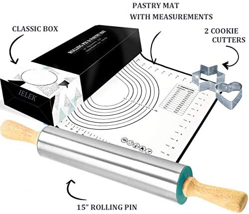 Rolling Pin and Silicone Baking Pastry Mat Combo Kit