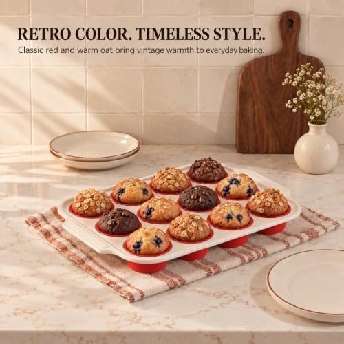 BRONYPRO Silicone Muffin Pan for baking, 12-Cup, Warm Oat and Classic