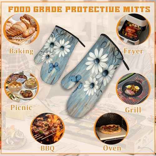 Blue Butterfly Oven Mitts and Pot Holders,Vintage Daisy Wooden Heat
