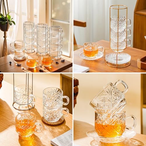 Atarvana 6 Pack Glass Tea Cups and Saucers Set with Spoons, Glazeal