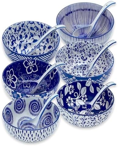 28Oz Ceramic Soup Ramen Bowl Set of 6 with Spoon Gift Box