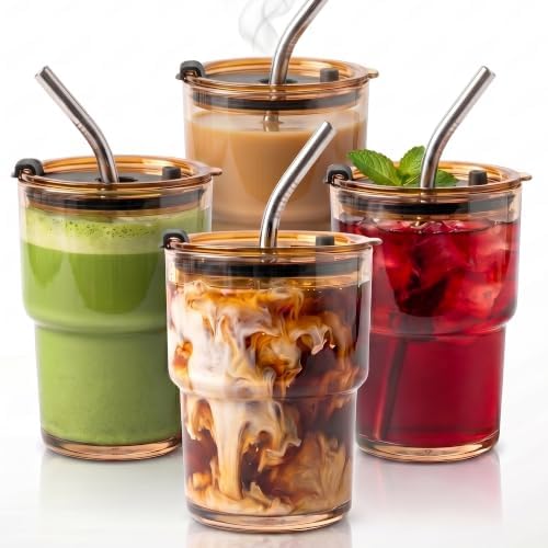 4 Packs Glass Tumbler with Lid and Straw 13 oz Cute Ice Coffee Cup Set