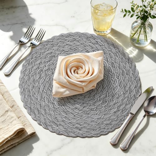 Topotdor Round Placemats Set of 4,Washable Woven Table Mats,Grey