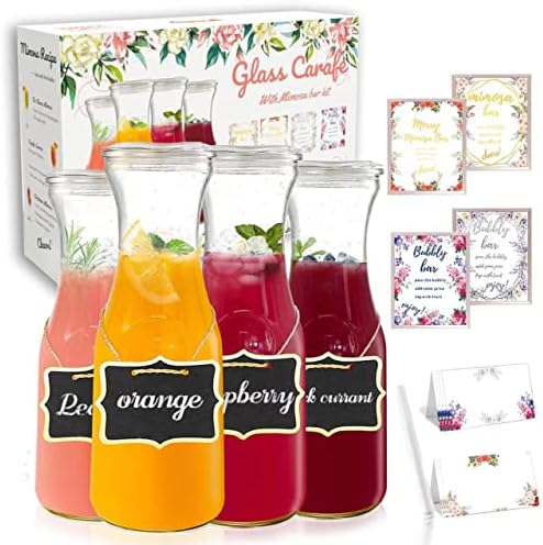 Set Of 4 Glass Carafes & Pitchers For Mimosa Bar Supplies, 1 Liter