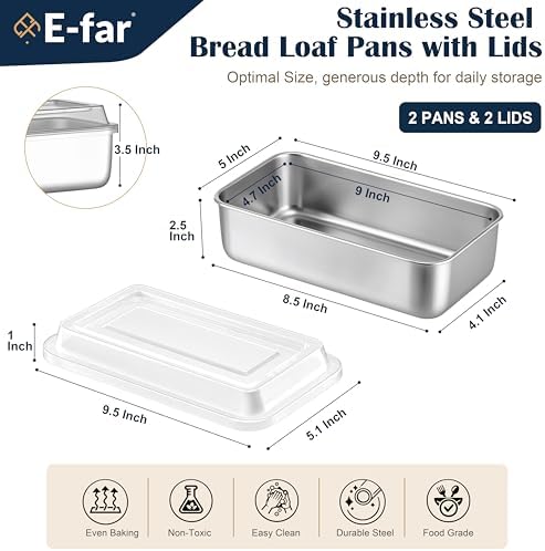 E-far Loaf Pan with Lids, 9 x 5 Inch Stainless Steel Bread Pans Set of