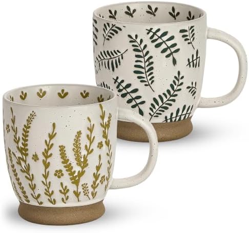 18 Oz Large Ceramic Coffee Mug Set of 2 - Rustic Handmade Floral Mugs