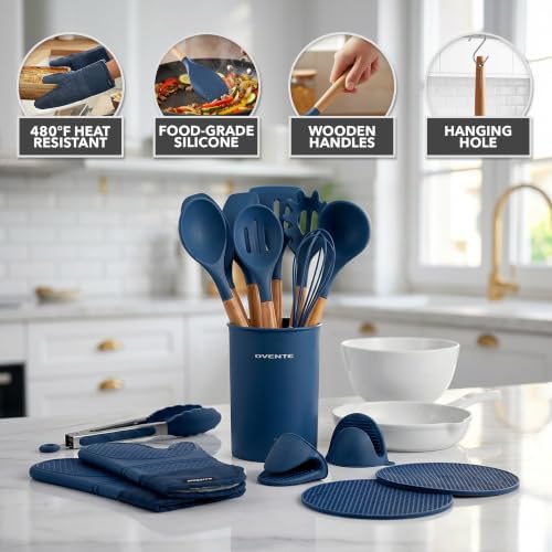 OVENTE Silicone Cooking Utensils Set, 17pcs, Heat Resistant, Blue