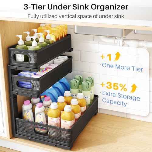 Under Sink Organizer, 3-Tier Thickened Metal Pull out Cabinet Organizer Shelf, Height Adjustable Slide out Storage Drawer Rack for Kitchen Bathroom Pantry Laundry Home Organization, 2-Pack, Black