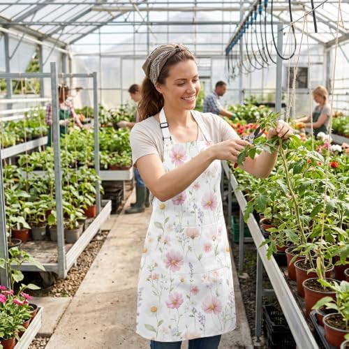 Pink Floral Apron for Women, Wildflower Kitchen Cooking Apron with