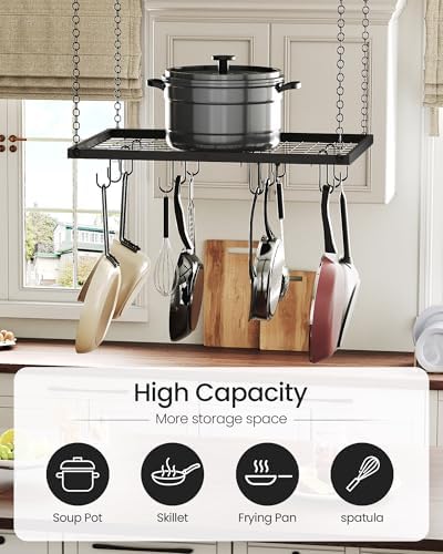 CHOEZON Hanging Pot Rack, Ceiling Mounted Pot Hanger for Kitchen, Metal Cookware Storage Organizer with 12 Hooks, for Storage of Cookware, Utensils in Kitchen, 23.7" L, Black TPR03BB