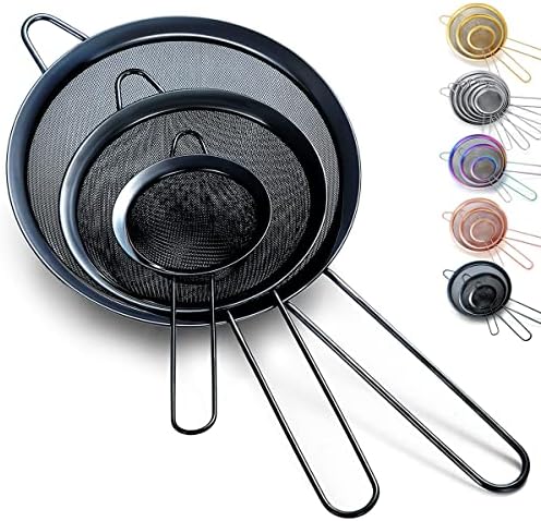 Kyraton Black Fine Mesh Strainer 3 Pieces Set, Flour Sifter For