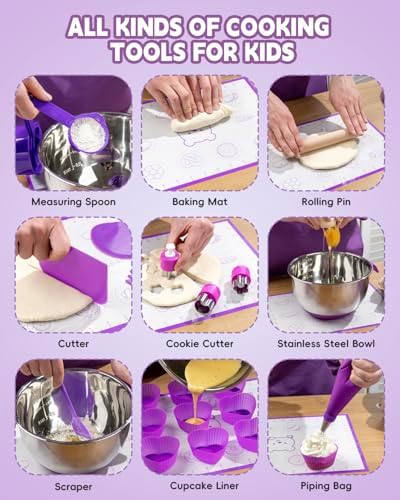 Kids Baking Set with Real Cooking Utensils (Purple)