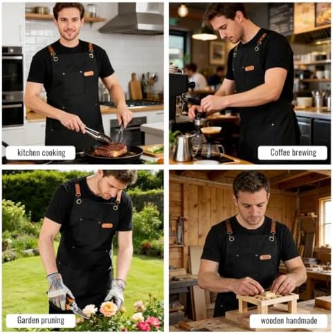 Canvas Chef Apron for Men and Women, Cotton, Cross-Back, 5 Pockets