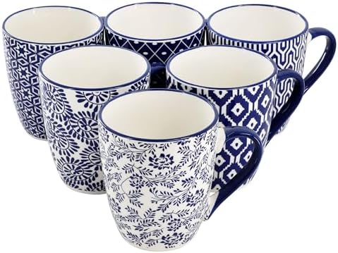 Elama Declan 12 Ounce Assorted Design Stoneware Mug Set in Blue and