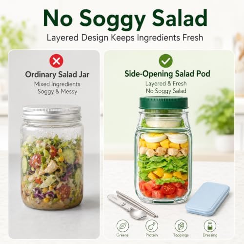Salad Bowl Jar with Lid, Side Opening Salad Pod Lunch Solution, Free