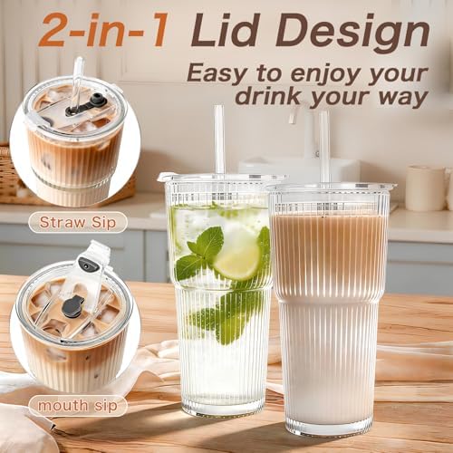 20oz Glass Tumblers with Lids and Straws, Set of 4 Iced Coffee Cups
