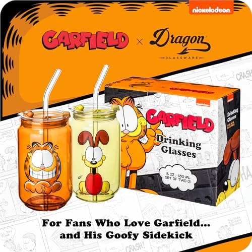 Dragon Glassware x Garfield Glass Cups with Straws & Lids, 16 oz Set