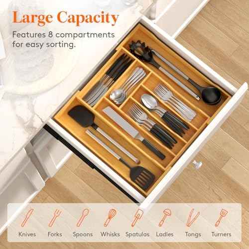 Lifewit Silverware Drawer Organizer, Wooden Utensil Tray for Kitchen