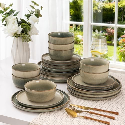 AmorArc Stoneware Dinnerware Sets for 8, 24 Piece Plates and Bowls Sets