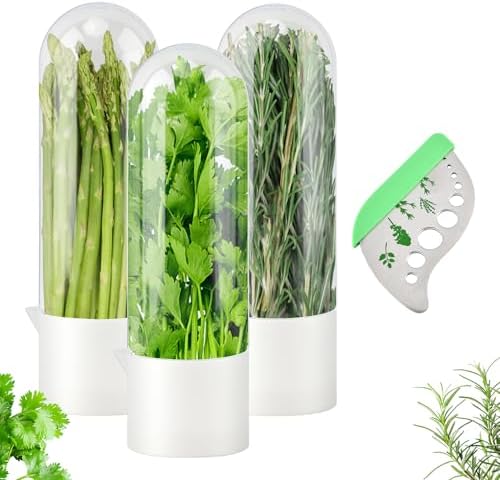 3Pcs Refrigerator Herb Keeper Containers with Herb Stripper