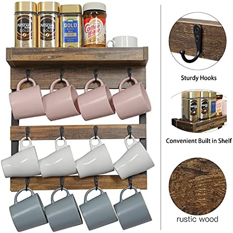 OROPY Coffee Mug Rack Wall Mounted, Rustic Wood Cups Rack, 12 Hooks &