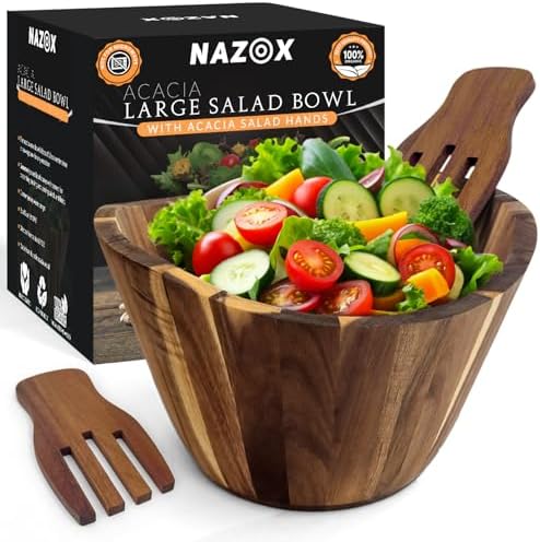 Acacia Wood Salad Bowl Set with Serving Hands, 10” Diameter, 6” Height