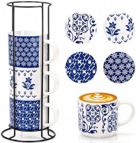 Eorbow 4 Pack Ceramic Coffee Mug Set with Rack, 16 OZ Stackable